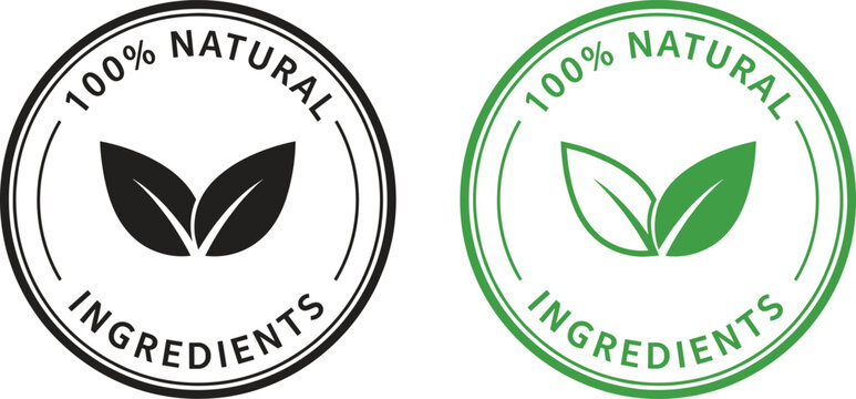 100 Percent Natural Ingredients badge logo set with leaf icon for organic food packaging and branding