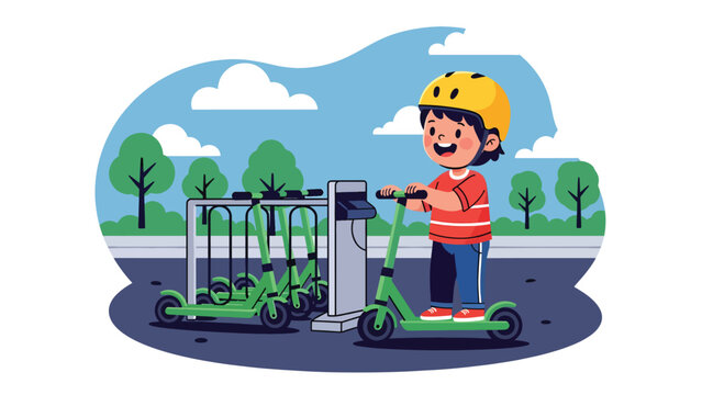Flat vector illustration of a kid renting a scooter at a theme park station, wearing a helmet, beside a rack, safety sign and tree-lined path. Solid colors, no gradients