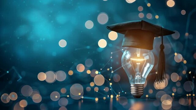 A lamp with an academic cap on a dark shiny background symbolises the connection between knowledge and innovation, ideal for atmospheric backgrounds for educational projects about science and technolo