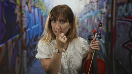 Obraz premium Woman holding violin and bow, pointing index finger beside her lips in graffiti covered street alley while showing bare hand and forearm; serious hush.