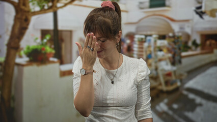 Fototapeta premium Woman with hand covering face and wristwatch making a facepalm gesture on street market aisle near stalls; annoyance.