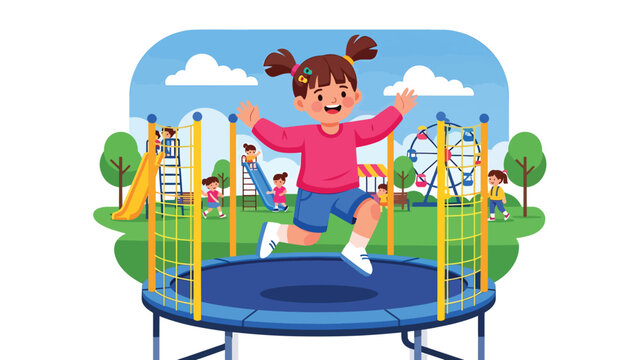 Flat vector illustration of a kid jumping on a trampoline area with safety net, padded posts, rule icons, happy motion lines and distant attractions. Solid colors, no gradients