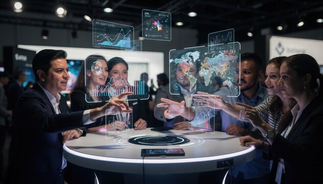 Medium shot capturing a group gathered around a mixed reality booth hands reaching towards holographic displays with softly blurred spectators highlighting immersive interactivity.
