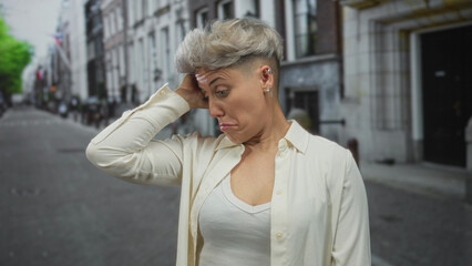 Fototapeta premium Woman with hand on neck and thoughtful gaze wearing a white tank top and open shirt on street; uncertainty.