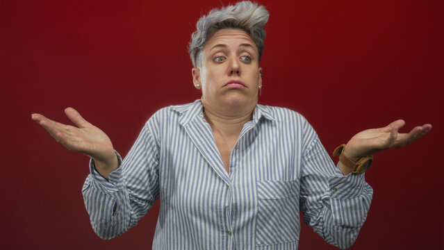 Woman in striped shirt shrugging her shoulders and raising palms in studio with red backdrop; uncertainty.