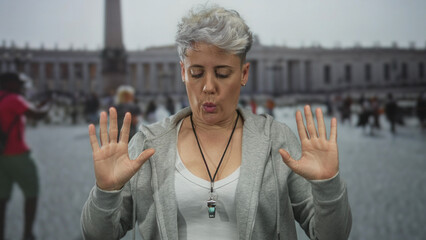 Caucasian woman with closed eyes holds ok gesture wearing visible whistle in front of building in...