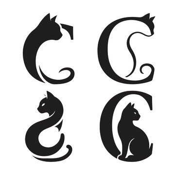 C Letter with Cat logo design silhouette vector illustration art