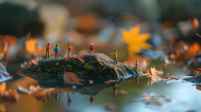 Video Miniature figures stand on a rock in calm water, great for s or concept art