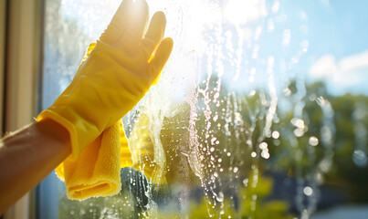Close-up of a hand in a yellow glove washing a window with a cloth. Housework and spring cleaning on a sunny day with bright sunlight