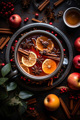Overhead flat lay of mulled wine or spiced cider in a mug. Festive autumn and winter hot drink with cinnamon, orange, star anise, and apples. Cozy holiday beverage