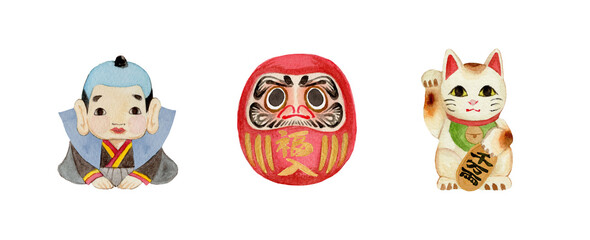 Obraz premium Set of Japanese lucky charms, hand painted watercolor Fukusuke doll, red Daruma, and Maneki-neko beckoning cat isolated on light gray background.-300dpi-
