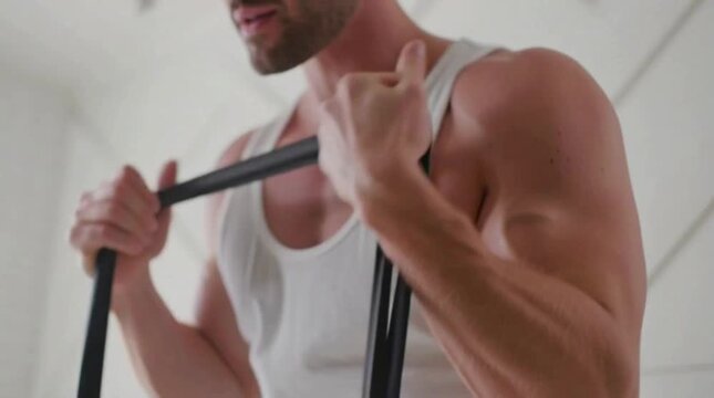 Man Training with Resistance Band at Home