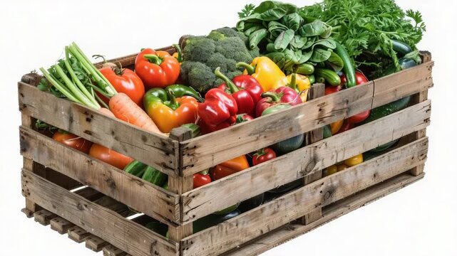Video A wooden crate filled with various fresh vegetables, ideal for use in food or as a prop