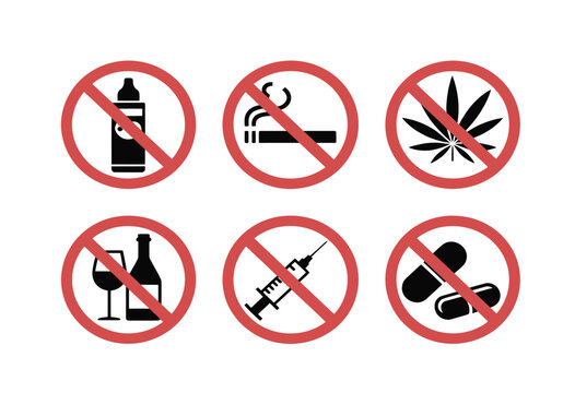Set of six prohibition signs for no alcohol no smoking no drugs no bottle no syringe no pills with transparent background vector illustration