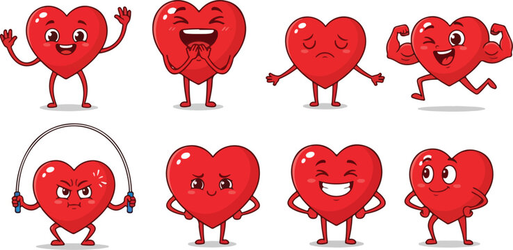 Cute cartoon heart character vector set showing different emotions and activities in playful illustration style eps