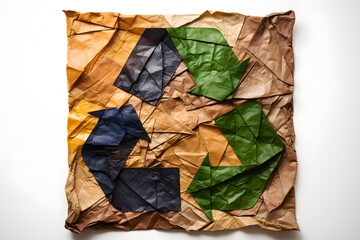 Recycling symbol made from crumpled paper on a textured background. Eco-friendly concept with green, blue, and gray paper. Flat lay with copy space