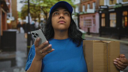 Woman in blue cap holding a cardboard box and smartphone while looking up on a city street;...