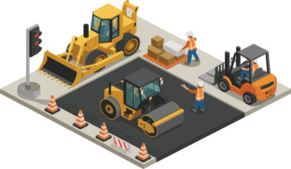 Isometric road construction scene with heavy machinery, workers, traffic cones, bulldozer, roller, forklift, infrastructure development, safety equipment © Gustave McClure