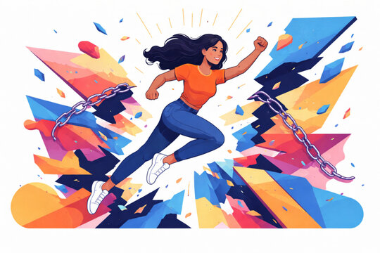 Woman breaking through abstract barriers symbolizing equality and freedom