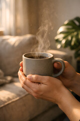 Close Up of Hands Holding Ceramic Coffee Mug in Sunlit Minimalist Living Room with Golden Hour Light