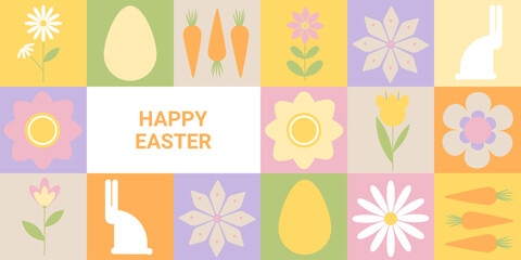 Happy Easter banner in a geometric style. Template with spring and Easter design elements. Vector.