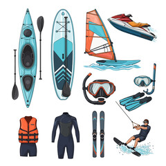 Paddleboard and Snorkeling Equipment Icons &ndash; Kayak, Windsurf, Snorkel, Life Vest, Oars and Watersport Gear Vector Set

