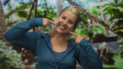 Woman in green jacket points fingers to cheeks in urban park with lush green foliage and sunlight filtering through trees; happiness.