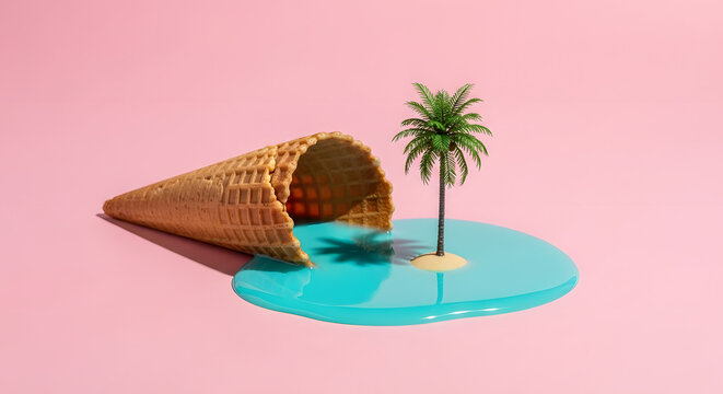 Summer escape: a melted ice cream cone forms a tropical island oasis
Refreshing assortment of vibrant summer drinks with fresh fruit and aromatic herbs on pink
Desert broadcast: a retro television wit