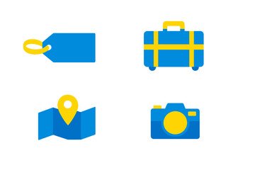 Fototapeta premium Various travel symbols showing a tag, suitcase, map, and camera on a plain background representing travel planning and exploration