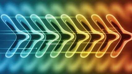 Colorful gradient arrows pointing to the right in a futuristic design with neon lights and blurred background