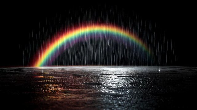 Vibrant rainbow arcs through dark, rainy scene onto wet ground