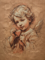 Fototapeta premium Vintage Valentines Day Cupid Cherubic Angel with Heart Print