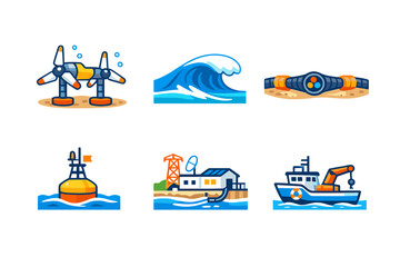 Wind turbines and marine activities near the coast with waves, buoys, and boats engaging in various tasks in the ocean environment during a sunny day © Artstock