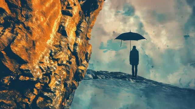 Video A person holding an umbrella stands at the edge of a cliff, possibly seeking shelter from the rain or wind