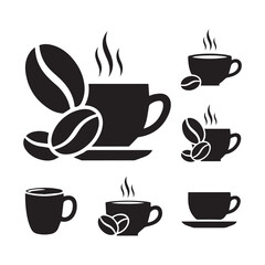 Obraz premium Coffee Cups and Beans Icons Set – Cafe and Beverage Symbols