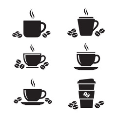 Obraz premium Coffee Cups and Beans Icons Set – Cafe and Beverage Symbols