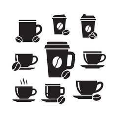 Obraz premium Coffee Cups and Beans Icons Set – Cafe and Beverage Symbols