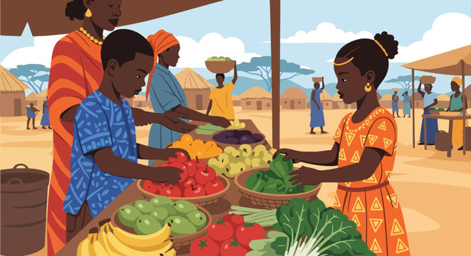 Vector illustration of African children helping parents at a local market arranging fresh produce, showing community involvement and everyday village commerce in flat vector style