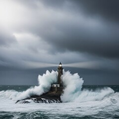 Dramatic lighthouse standing strong against turbulent ocean waves on rocky coastline