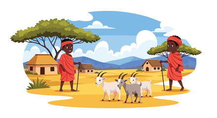 Vector illustration of African children herding goats near their homes, showing responsibility and connection to rural life and animals in flat vector style