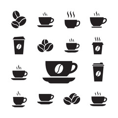 Obraz premium Coffee Cups and Beans Icons Set – Cafe and Beverage Symbols