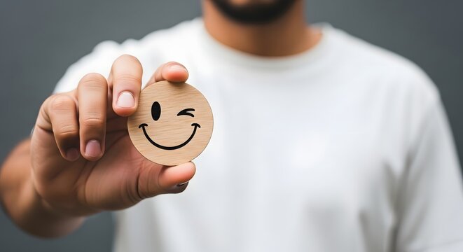 Man holding smiley face emoticon wooden winking happy mood expression positive emotion feedback satisfaction