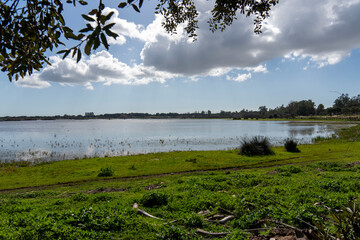 The Hermitage of El Rocio. The Church is home to the Virgin of El Rocio in the countryside of Almonte, Province of Huelva, Andalusia, Spain