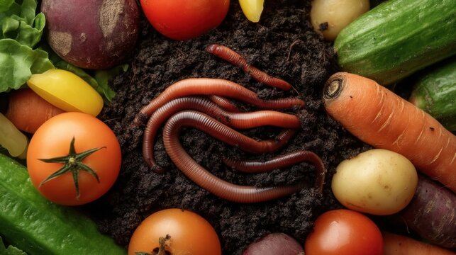 Close-up of Earthworms in Healthy Soil Surrounded by Fresh Vegetables for Gardening and Composting Inspiration