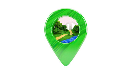 Green Location Pin with Miniature Landscape Scene
