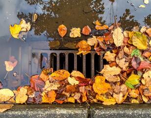 Puddle Over Clogged Street Drain with Fallen Leaves
