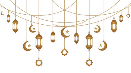 Golden hanging lanterns with stars and crescent moons decoration set isolated on transparent background
