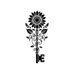 Ornate sunflower key emblem with swirling vines and leaves silhouette symbol