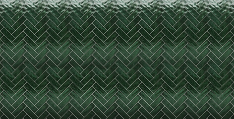 Dark green herringbone tile pattern background with glossy ceramic texture and zigzag geometric...