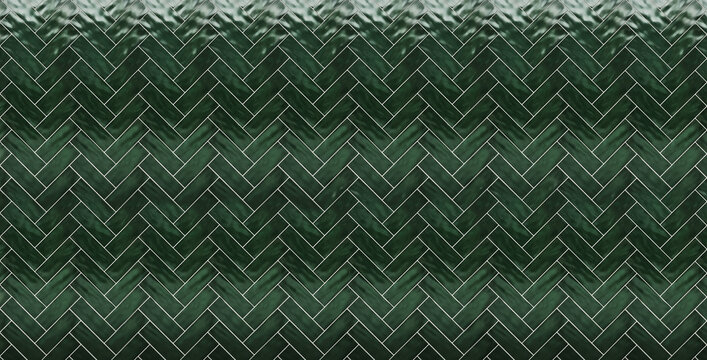 Dark green herringbone tile pattern background with glossy ceramic texture and zigzag geometric design for interior decoration